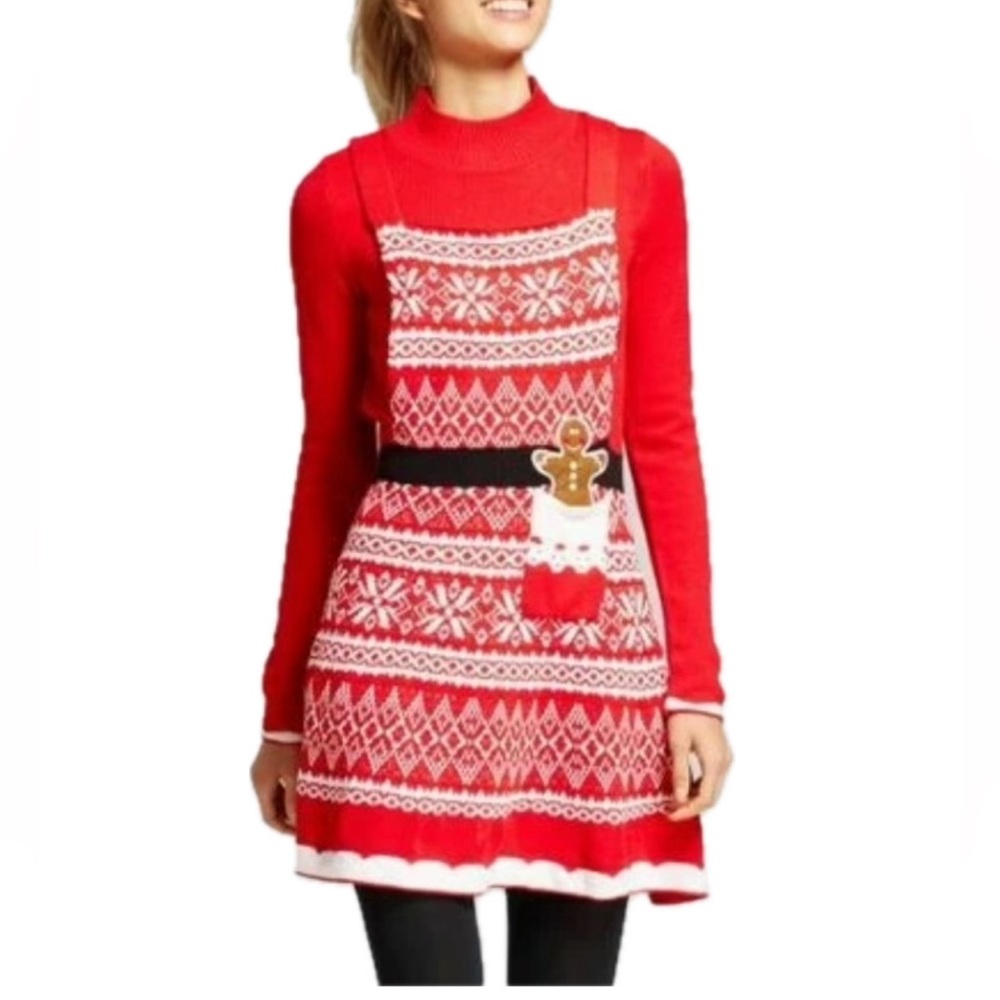 Holiday Christmas Sweater Mini Dress Red White Women Size S